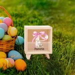 Hucha Personalizada Huevo Conejito de Pascua Lazo Rosa Inicial Hucha de Madera Transparente con Nombre Fiesta de Pascua Regalo Educativo para Niños