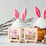 Hucha Personalizada Huevo Conejito de Pascua Lazo Rosa Inicial Hucha de Madera Transparente con Nombre Fiesta de Pascua Regalo Educativo para Niños