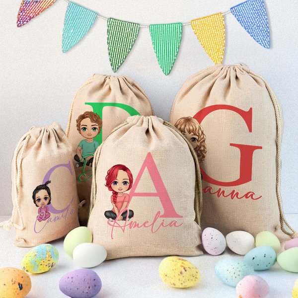 Sac à Cordon Personnalisé avec Nom Initiale et Personnage Dessin Animé Cadeau de Pâques pour Garçon Fille