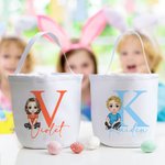 Cesta de la caza del huevo de lona personalizada con personaje de dibujos animados con nombre e inicial Regalo de cumpleaños de Pascua para niños Familia Amigos