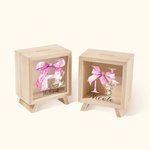 Hucha Personalizada Huevo Conejito de Pascua Lazo Rosa Inicial Hucha de Madera Transparente con Nombre Fiesta de Pascua Regalo Educativo para Niños