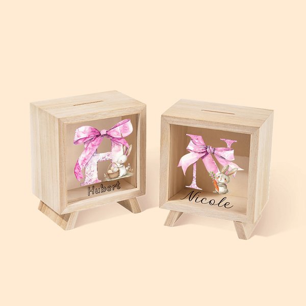 Personifierad söt påskhare ägg rosa rosett initialer trä klar sparbössa spargris med namn påskfest pedagogisk present för barn