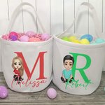 Cesta de la caza del huevo de lona personalizada con personaje de dibujos animados con nombre e inicial Regalo de cumpleaños de Pascua para niños Familia Amigos