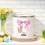 Personalized Cute Easter Bunny Pink Bow Initial 12oz Silver Rim Enamel Mug with Name Birthday Easter Party Favor Gift for Kids
