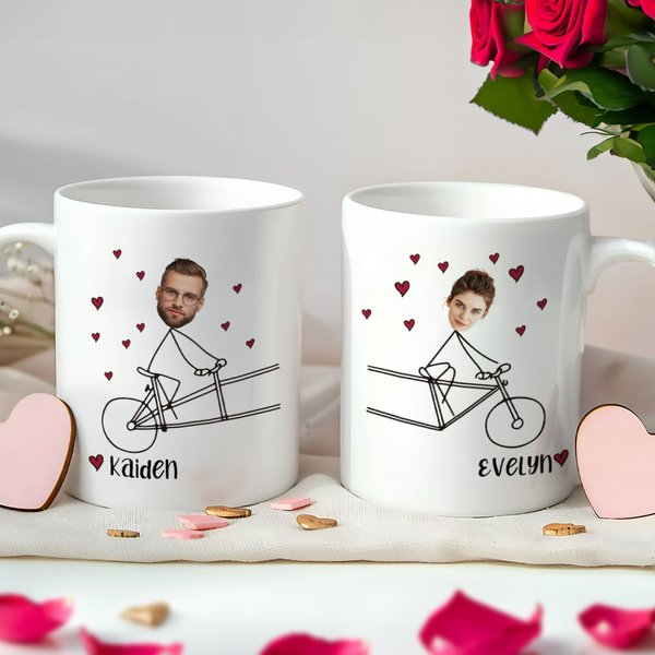 Personalised Couple Riding Bicycle Stick Figure Face Photo Mug with Name Valentine's Day Anniversary Gift for Couple