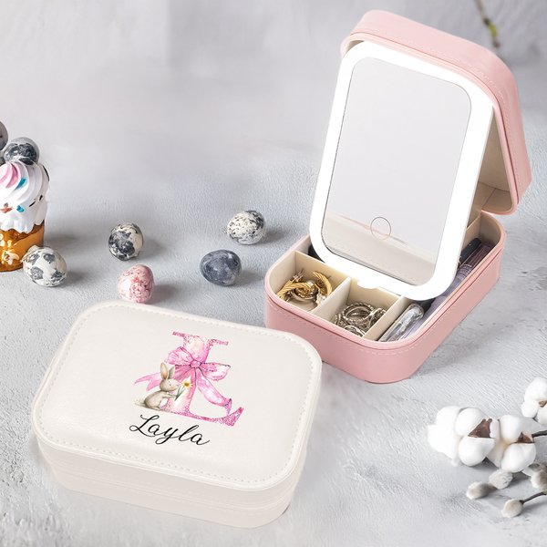 Personalized Pink Bow Initial Bunny Leather Jewelry Box with Name and LED Three-color Adjustable Makeup Mirror Easter Birthday Gift for Women Girls