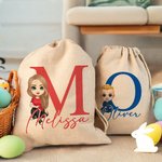 Sac à Cordon Personnalisé avec Nom Initiale et Personnage Dessin Animé Cadeau de Pâques pour Garçon Fille