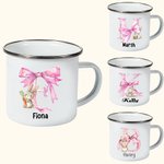 Personalized Cute Easter Bunny Pink Bow Initial 12oz Silver Rim Enamel Mug with Name Birthday Easter Party Favor Gift for Kids