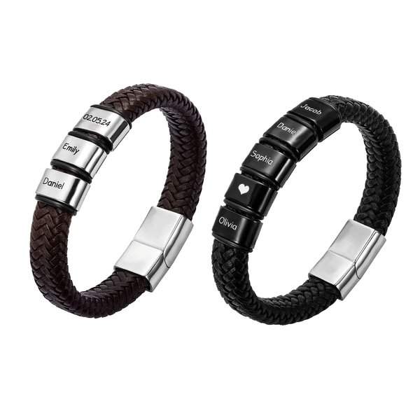 Personalisiertes Geflochtenes PU-Leder Armband mit 1-8 Perlen Namen Text Gravur Schmuck Geburtstag Vatertag Valentinstag Geschenk für Herren Papa