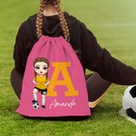 Personalised Football Cartoon Character Drawstring Backpack Cinch Storage Bag with Name and Initial Birthday Gym Traveling Gift for Sport Lovers