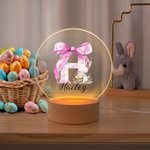 Personalized Cute Easter Bunny Pink Bow Initial LED Night Light with Wooden Base Cute Room Decor Birthday Easter Party Favor Gift for Kids