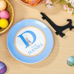 Henkilökohtainen Classic Peter Rabbit raidallinen ruudullinen keraaminen ruokalevy, jossa nimi Initial pääsiäinen perhejuhla pöydän sisustus lahja pojille tytöille