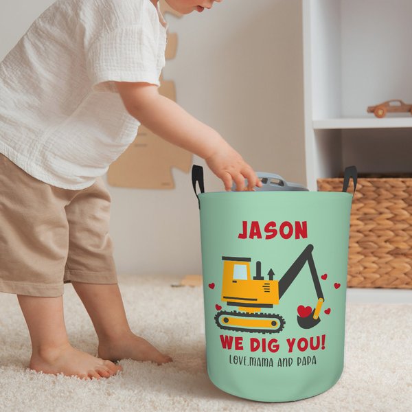 Personalized Dig You Excavator Large Capacity Waterproof Storage Basket with Handle Name and Text Birthday Baby Shower Gift for Boys Girls