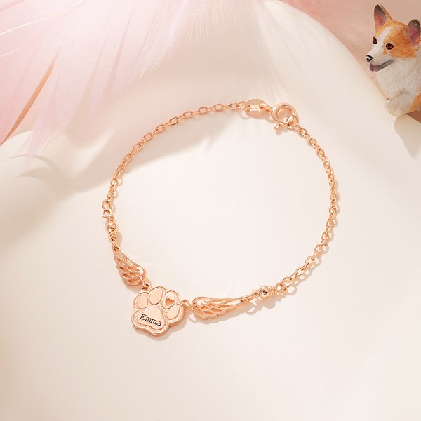 Personalizada Pet Paw Print Angel Wings pulsera con nombre Cumpleaños Memorial Sympathy Birthday Gift for Pet Owners