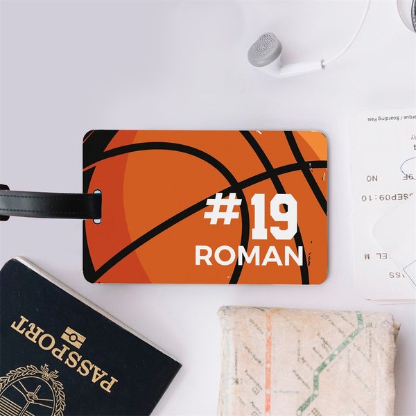 Etiqueta personalizada para bolsa de equipaje con diseño de baloncesto con nombre y número Accesorios de viaje para el día del partido Regalo de cumpleaños para los amantes del baloncesto