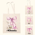 Personalisierte niedliche Ostern Hase rosa Bogen anfängliche Leinwand große Tragetasche mit Namen Party Gunst Ostern Geburtstag Geschenk für Kinder Familie