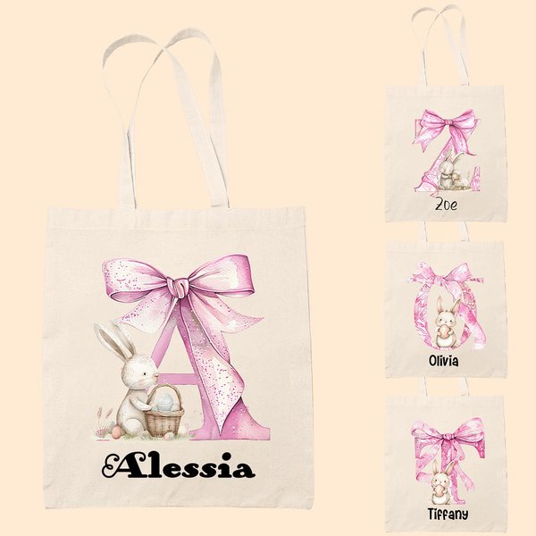 Personalized Cute Easter Bunny Pink Bow Initial Canvas Large Tote Bag with Name Party Favor Easter Birthday Gift for Kids Family