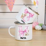 Personalized Cute Easter Bunny Pink Bow Initial 12oz Silver Rim Enamel Mug with Name Birthday Easter Party Favor Gift for Kids