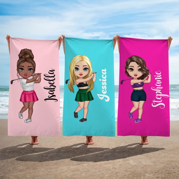 Personalizzato Cartoon Golf Player Birth Flower Asciugamano da spiaggia sovradimensionato ad asciugatura rapida con nome Compleanno Accessori da viaggio Regalo per gli appassionati di golf