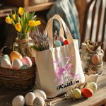 Personalisierte niedliche Ostern Hase rosa Bogen anfängliche Leinwand große Tragetasche mit Namen Party Gunst Ostern Geburtstag Geschenk für Kinder Familie
