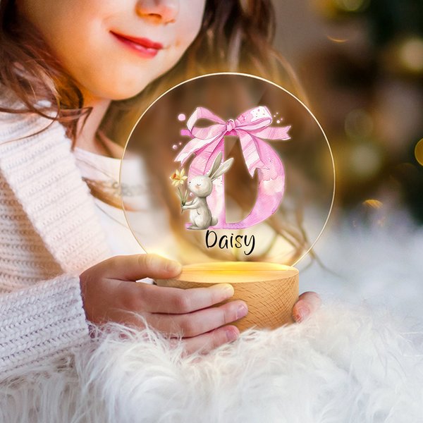 Personalized Cute Easter Bunny Pink Bow Initial LED Night Light with Wooden Base Cute Room Decor Birthday Easter Party Favor Gift for Kids