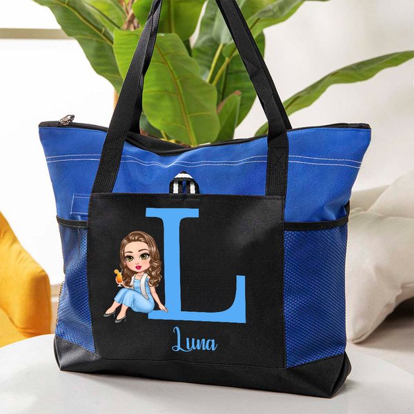 Personalised Graduation Gown Cartoon Character Large Tote Bag with Names and Mesh Pocket Graduation Travel Gift for Women