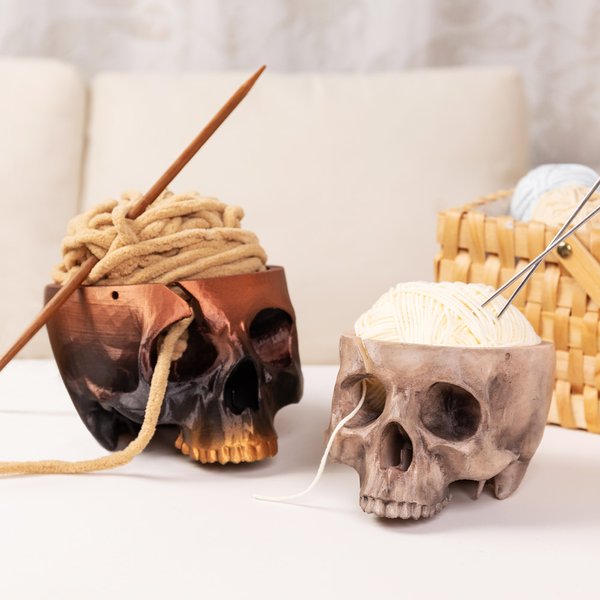 Personalized 3D Printed Gothic Skull Yarn Bowl Holder Storage with Name Knitting Supplies Accessories Home Decor Birthday Gift for Knitters