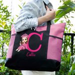 Gepersonaliseerde Graduation Gown Cartoon Character Large Tote Bag met Names en Mesh Pocket Afstudeer Cadeau voor op reis voor vrouwen