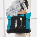 Cartoon personalizzato Laurea Fiore Grande Borsa Tote con Nome e Tasche in Rete Viaggio Laurea Compleanno Regalo per Donne Ragazze