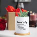 Personalised Boss Lady Definition Ceramic Plant Pot with Name and Bamboo Base Promotion New Job Gift for Female Boss