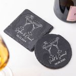 Personalised Cheers Goblet Wine Glass and Slate Coaster Set with Engraved Name and Date Valentine's Day Anniversary Wedding Gift for Couples