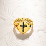 Personalized Star of Bethlehem Engraved Two Birth Flowers with Cross Signet Ring with Birthstones and Text Easter Baptism Gift for Christian Women