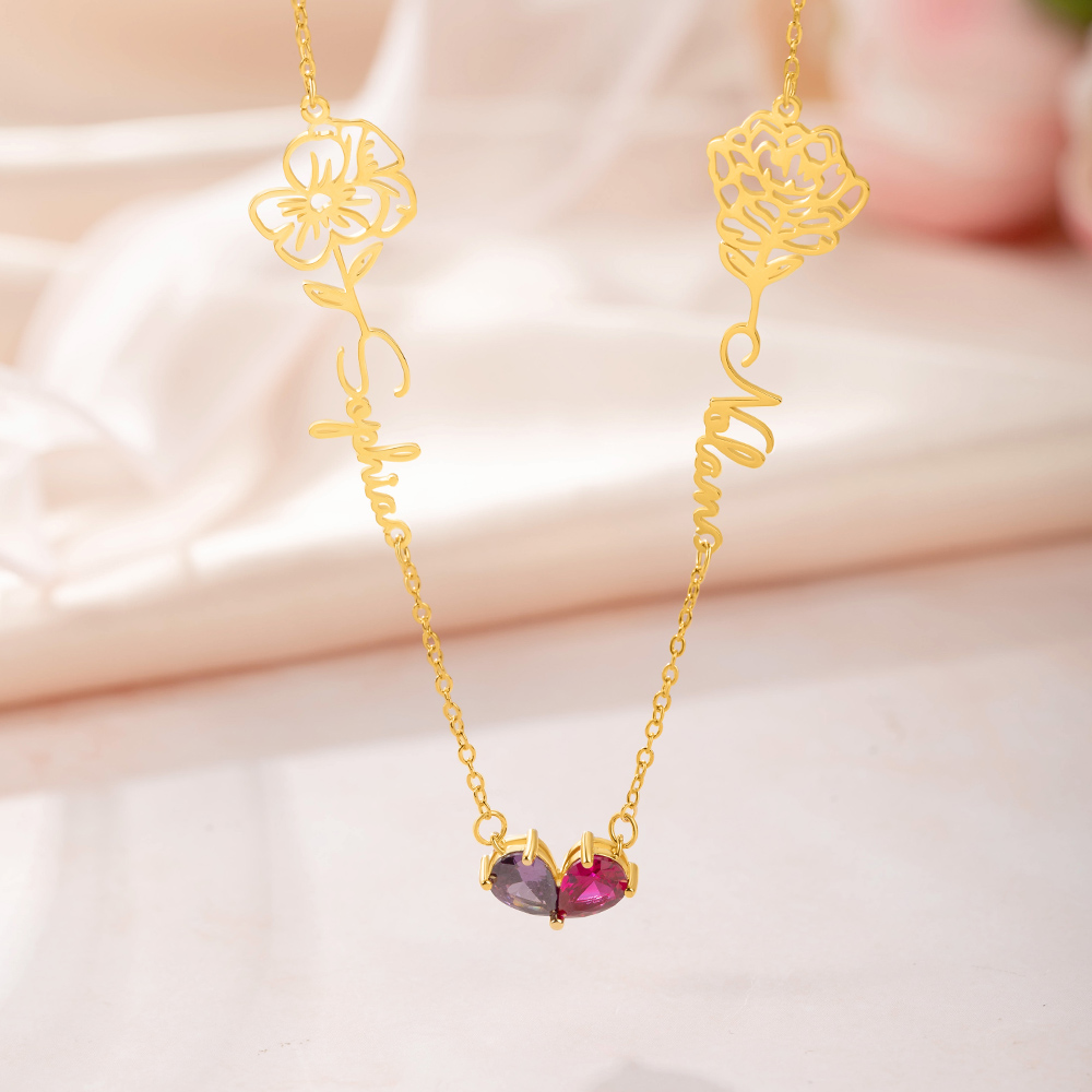 Collier de pierres de naissance personnalisées avec fleur d'anniversaire et nom Cadeau d'anniversaire de Saint-Valentin pour femmes