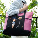 Cartoon personalizzato Laurea Fiore Grande Borsa Tote con Nome e Tasche in Rete Viaggio Laurea Compleanno Regalo per Donne Ragazze
