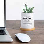 Personalised Boss Lady Definition Ceramic Plant Pot with Name and Bamboo Base Promotion New Job Gift for Female Boss