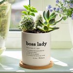 Personalised Boss Lady Definition Ceramic Plant Pot with Name and Bamboo Base Promotion New Job Gift for Female Boss