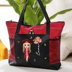 Cartoon personalizzato Laurea Fiore Grande Borsa Tote con Nome e Tasche in Rete Viaggio Laurea Compleanno Regalo per Donne Ragazze