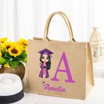 Personalized Graduation Cartoon Character Large Jute Tote Bag with Initial and Name Graduation Birthday Gift for Women Friends