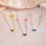 Personalized Heart Birthstone Necklace with Birthday Flower and Name Valentine's Day Birthday Anniversary Gift for Women