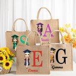 Personalized Graduation Cartoon Character Large Jute Tote Bag with Initial and Name Graduation Birthday Gift for Women Friends