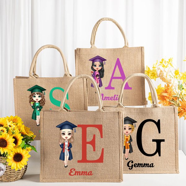 Personalized Graduation Cartoon Character Large Jute Tote Bag with Initial and Name Graduation Birthday Gift for Women Friends