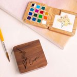 Personalised Birth Flower Portable Wooden Watercolor Palette Drawing Board with Name Outdoor Painting Supply Birthday Gift for Painters