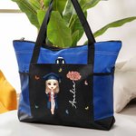 Cartoon personalizzato Laurea Fiore Grande Borsa Tote con Nome e Tasche in Rete Viaggio Laurea Compleanno Regalo per Donne Ragazze