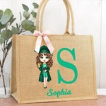 Personalized Graduation Cartoon Character Large Jute Tote Bag with Initial and Name Graduation Birthday Gift for Women Friends