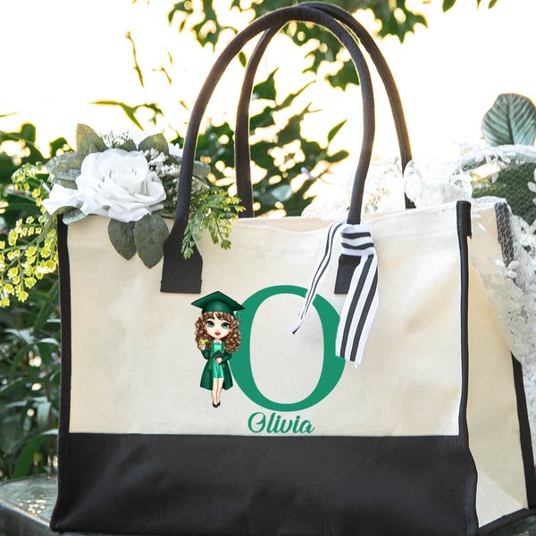 Personalized Graduation Cartoon Character Large Canvas Tote Bag  with Initial and Name Graduation Birthday Gift for Girls Friends