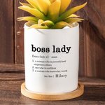 Personalised Boss Lady Definition Ceramic Plant Pot with Name and Bamboo Base Promotion New Job Gift for Female Boss