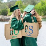 Personalized Graduation Cartoon Character Large Jute Tote Bag with Initial and Name Graduation Birthday Gift for Women Friends
