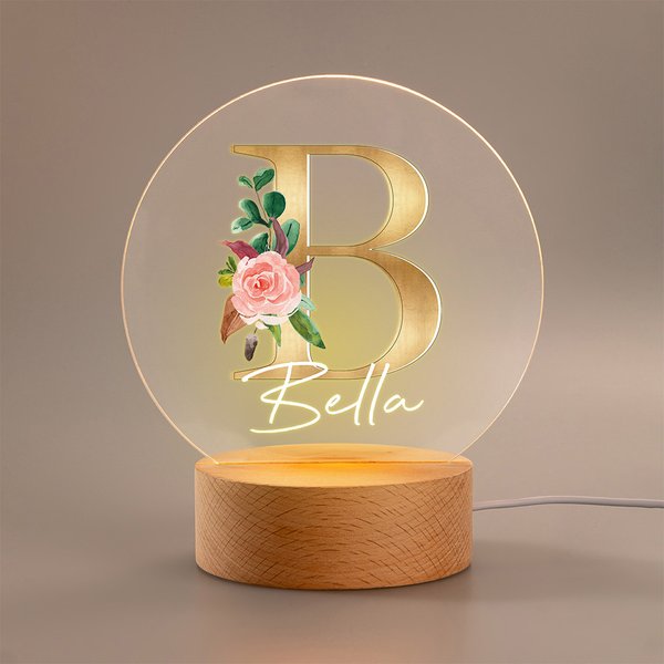 Henkilökohtainen Floral Initial Name Combination LED Night Light puinen pohja Söpö huoneen sisustus Syntymäpäivä Baby Shower lahja lapsille