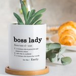 Personalised Boss Lady Definition Ceramic Plant Pot with Name and Bamboo Base Promotion New Job Gift for Female Boss