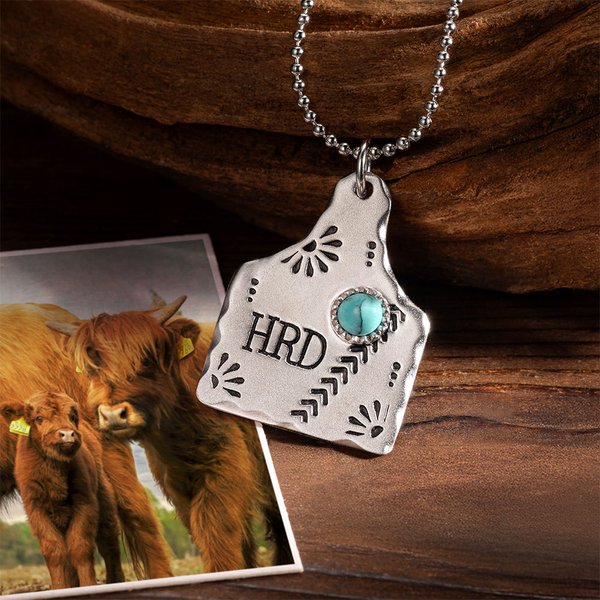 Personalizada occidental estilo boho vaca etiqueta collar de turquesa con texto grabado Foto Cumpleaños Aniversario Regalo para Cowgirl amantes de las vacas